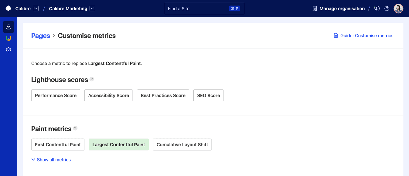 Customisation screen allowing you to choose performance metrics displayed on Pages leaderboard.