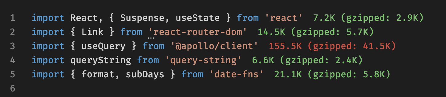 Import cost plugin in Sublime or VSCode reporting the size of third-party libraries as you code.