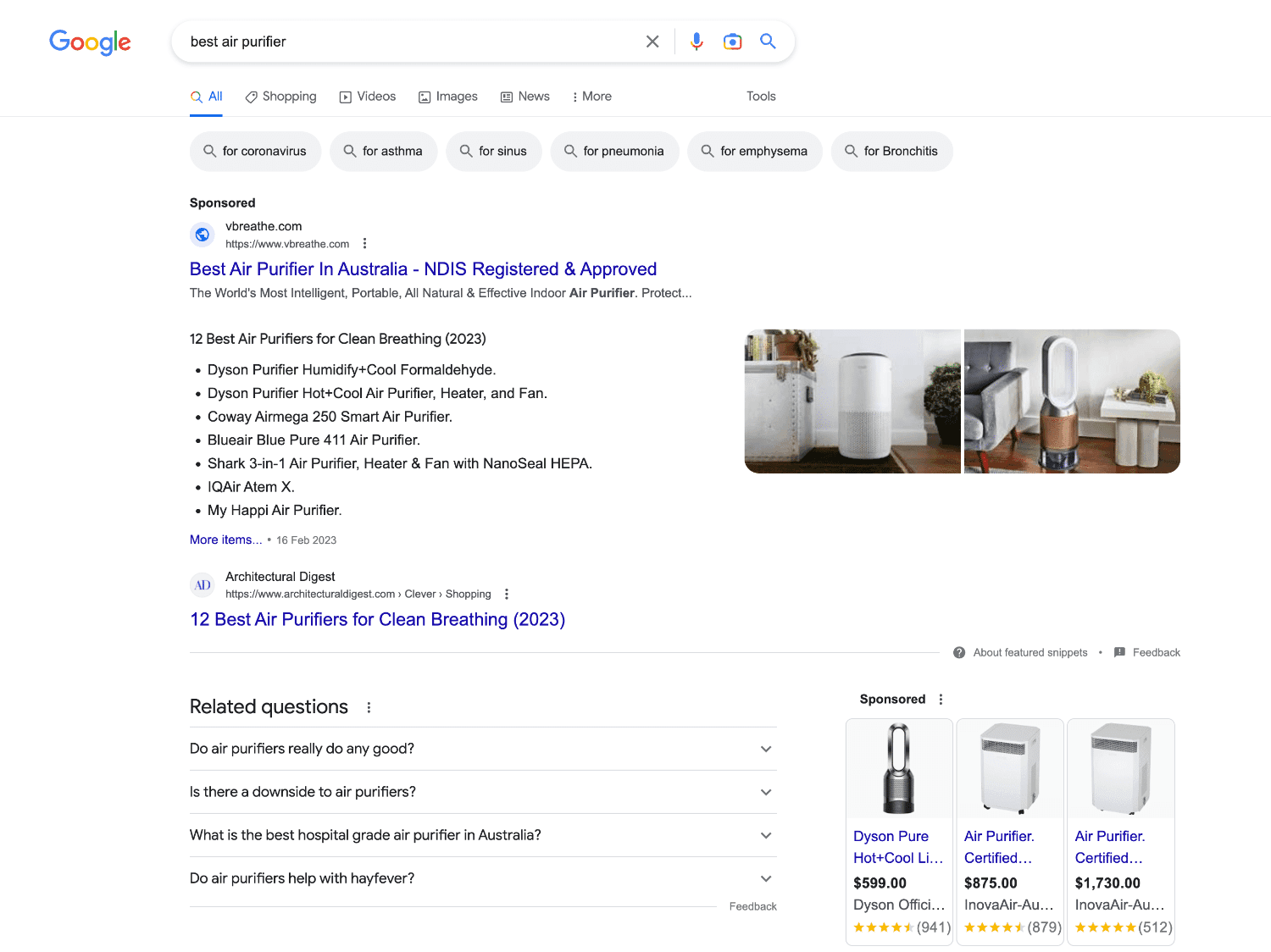 Google search results for 'best air purifier' showing all sponsored content at the top of the page and below.
