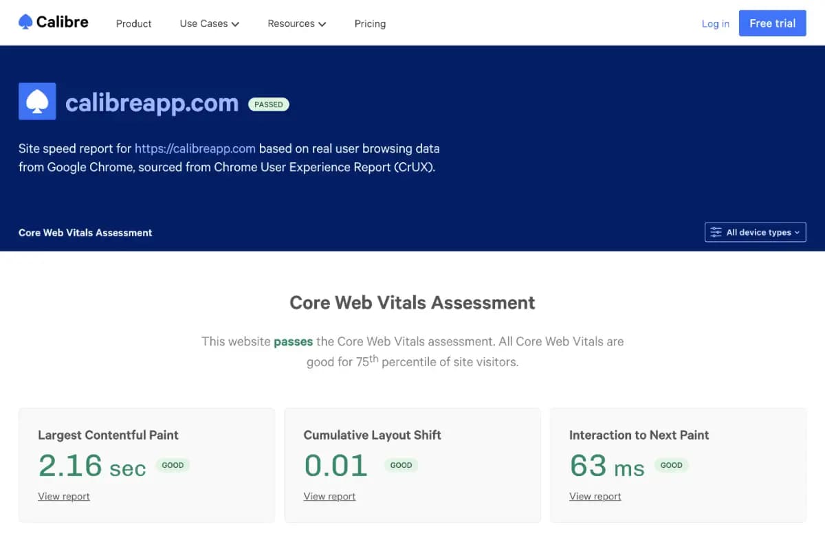 Core Web Vitals report for calibreapp.com domain