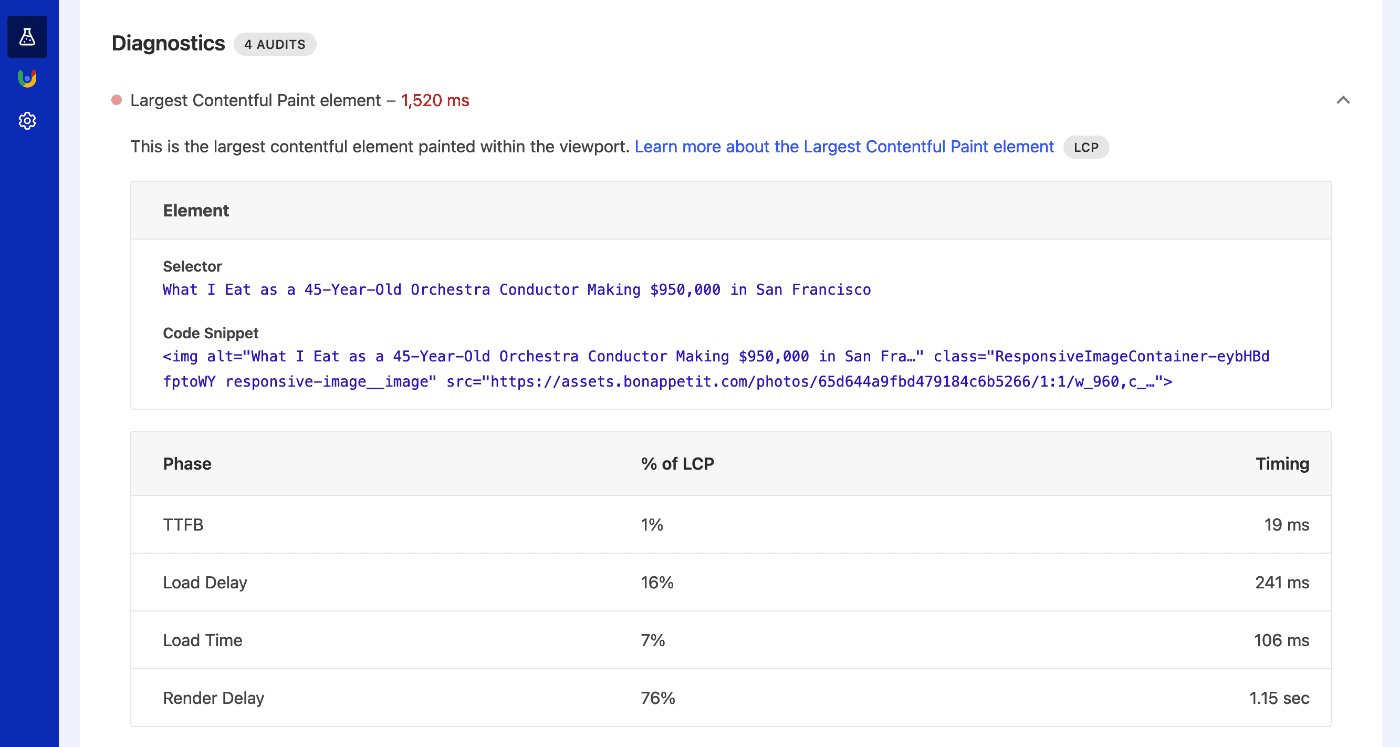 Lighthouse audits in Calibre showing which HTML element on your site is the Largest Contentful Paint element.