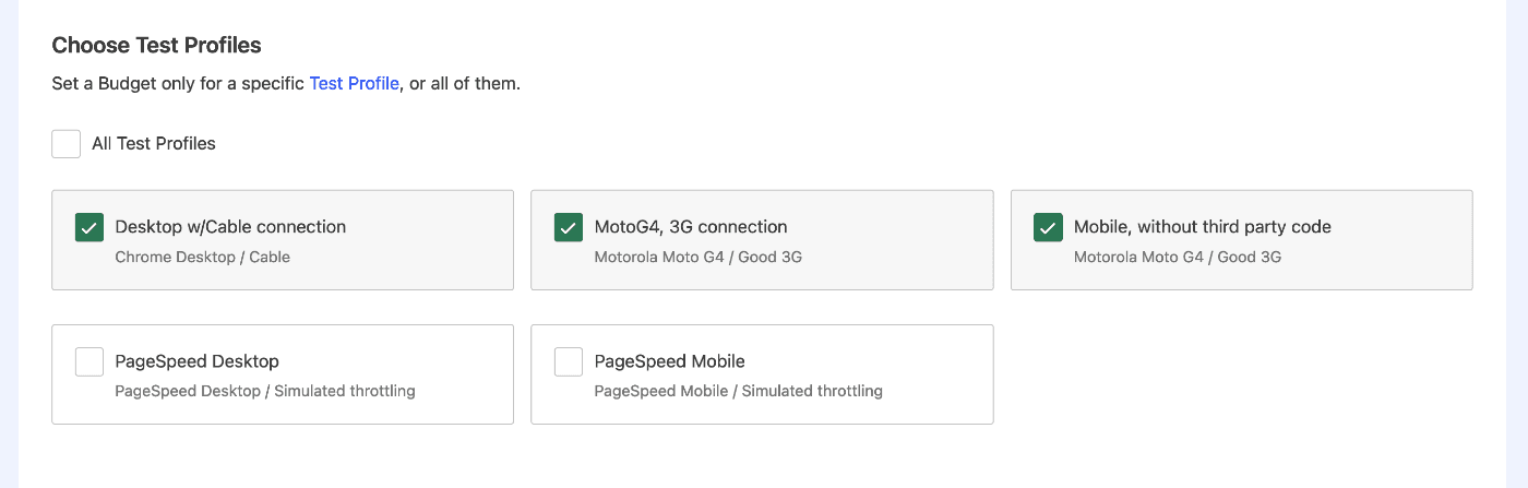 Five options for Test Profiles setting including Chrome Desktop, Motorola Moto G4 (with and without third party code), as well as PageSpeed Test Profiles.