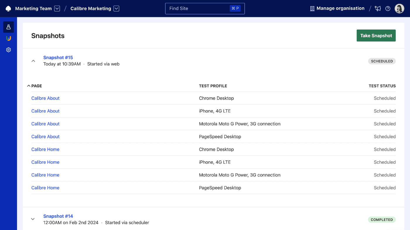 Calibre’s Snapshot view showing a test running across multiple pages and devices with different status, such as testing, verifying or completed.