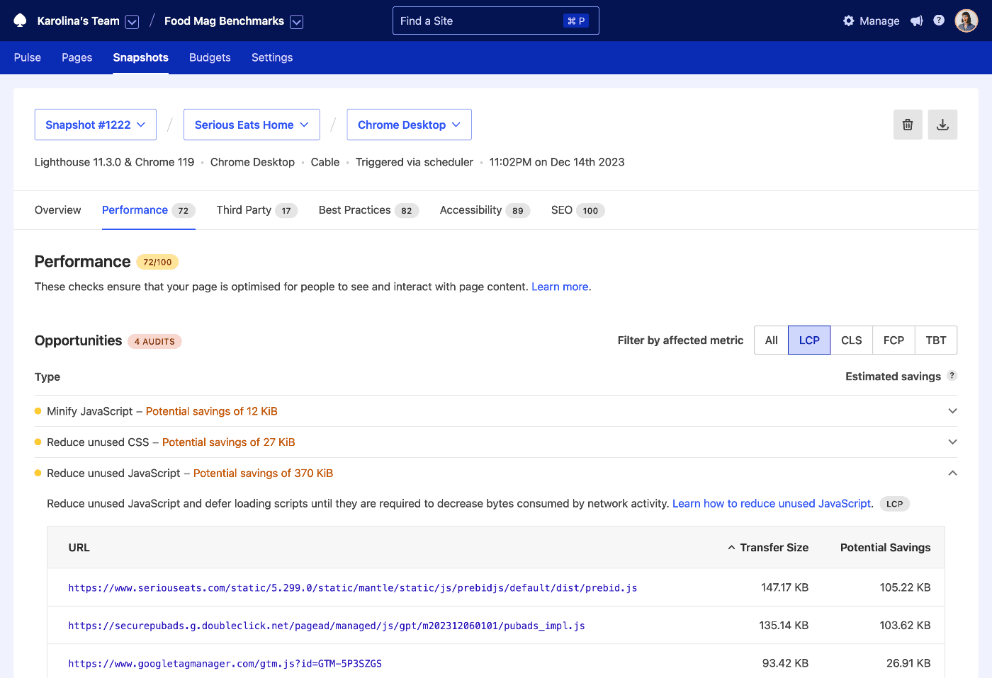 Calibre's interface displaying Lighthouse performance audits filtered by impact on the LCP metric