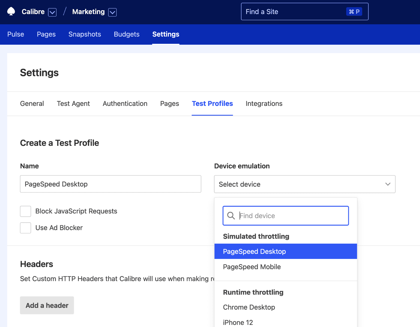 Calibre's interface for creating a new Test Profile with a name input field and a dropdown for device emulation with PageSpeed Desktop selected