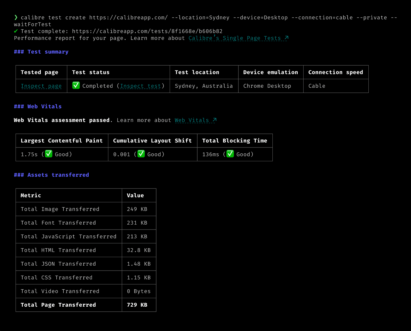 Terminal output of the calibre test create command outlining Core Web Vitals, test status and assets transferred