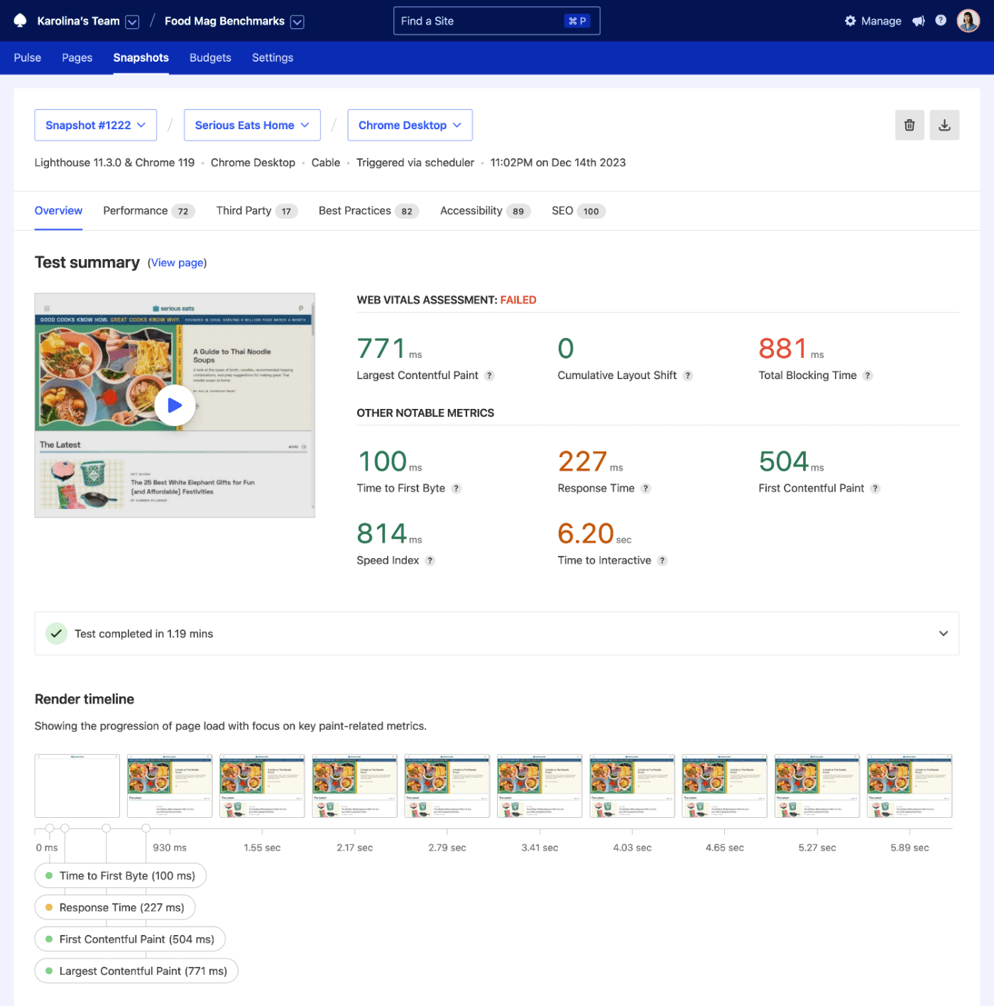 Calibre's Snapshot Overview with a render timeline, video, Web Vitals assessment and notable metric measurements