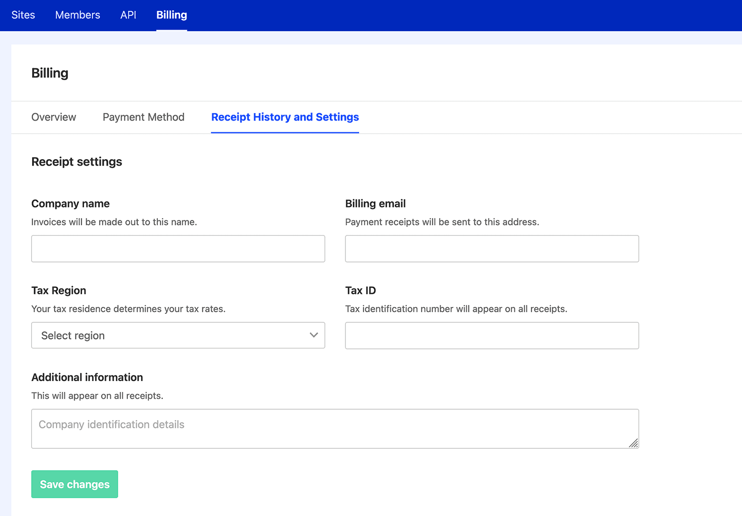 Billing area where you can manage your subscription, payment details, receipt settings and history.