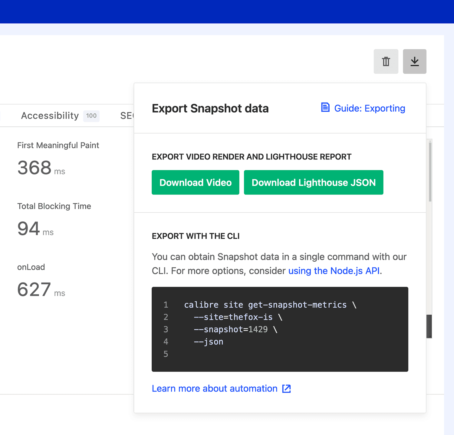 Export widget that allows direct download of the performance data and gives examples on how to use the API.