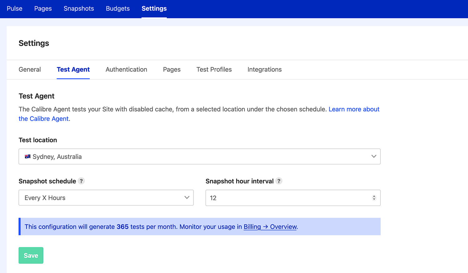 Settings area where you can manage Site details, testing schedule, Pages and integrations.