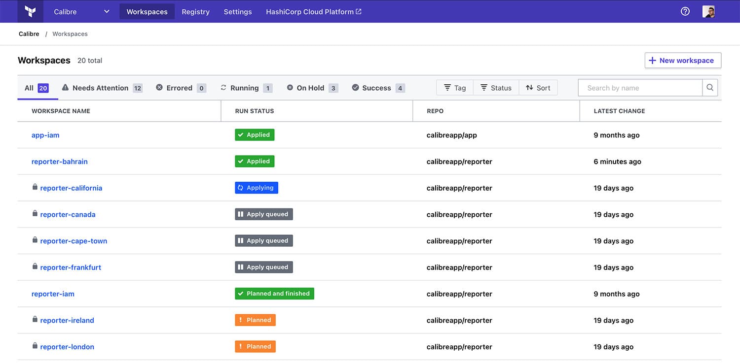Preview of Terraform workspaces for different Test Agent regions.