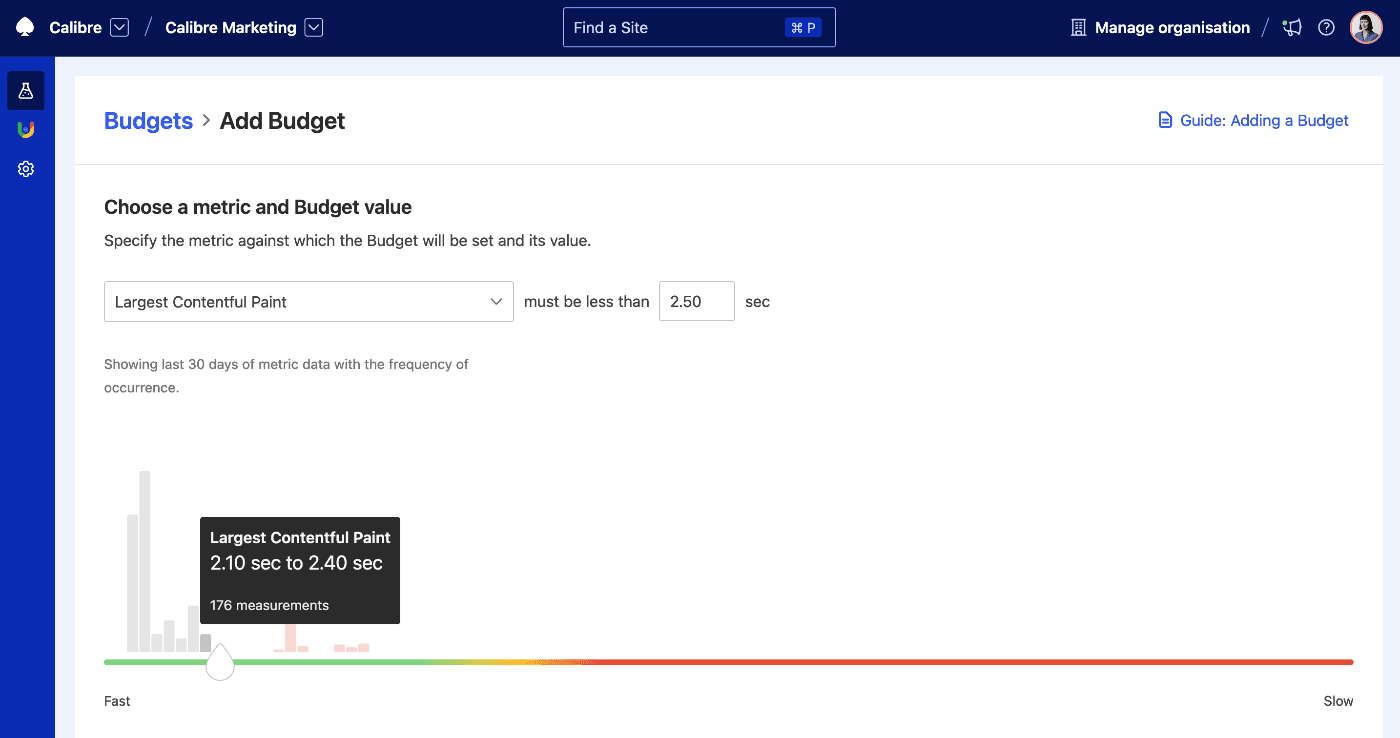 Creating a budget for Largest Contentful Paint, showing recommended value of less than 2.5s.