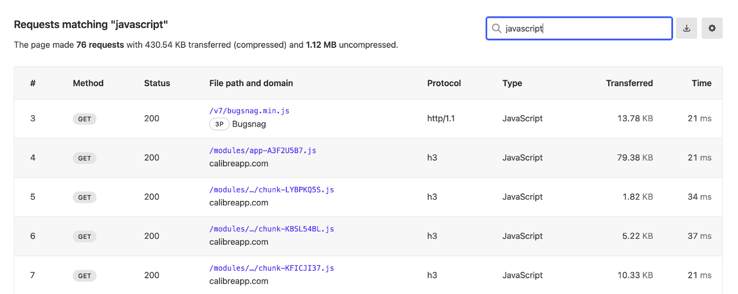 Request table filtered by javascript keyword showing 76 requests with the first one being from a third party called Bugsnag.