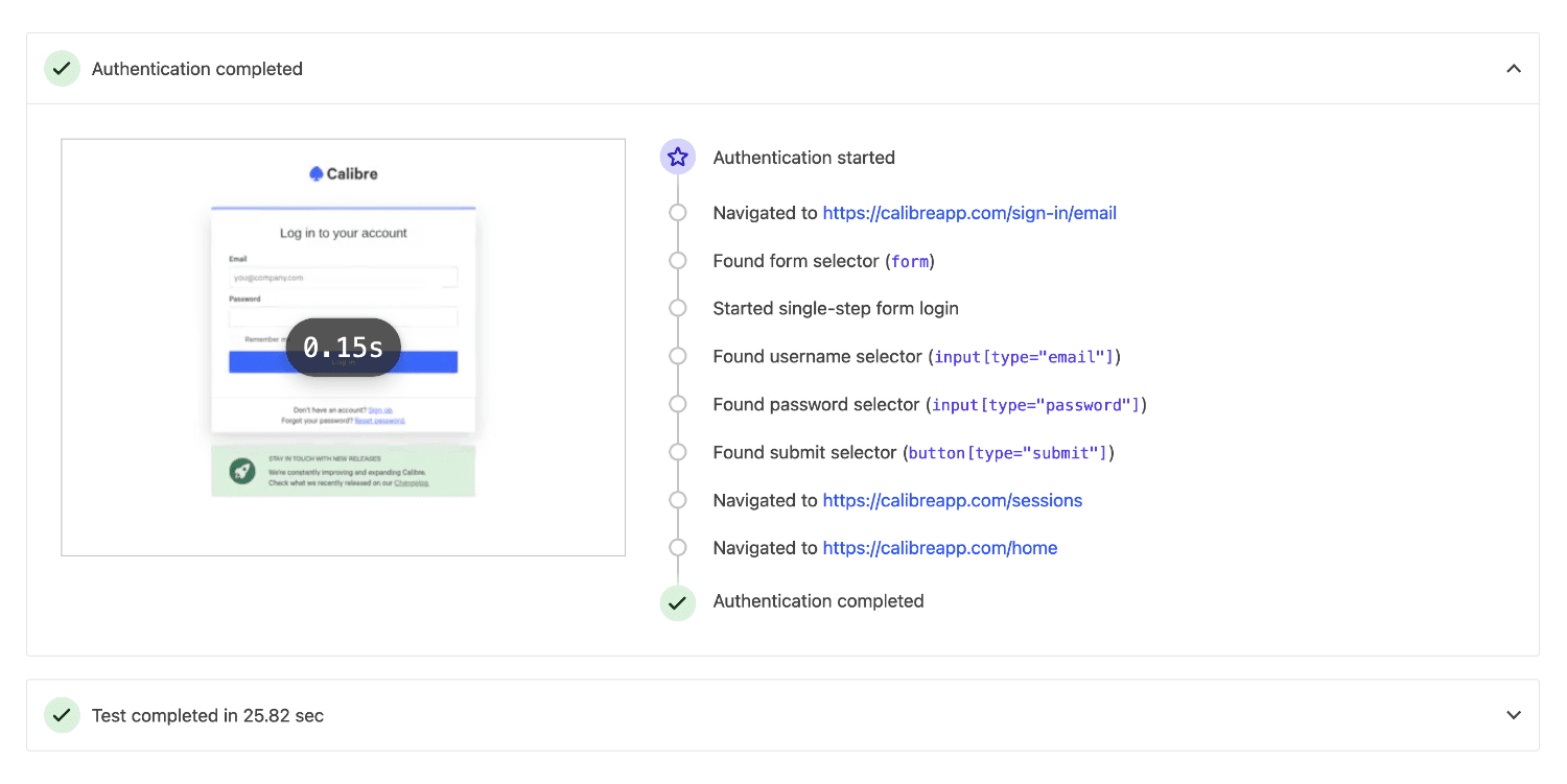 Test log showing a video of Calibre authenticating into Calibre website with associated events