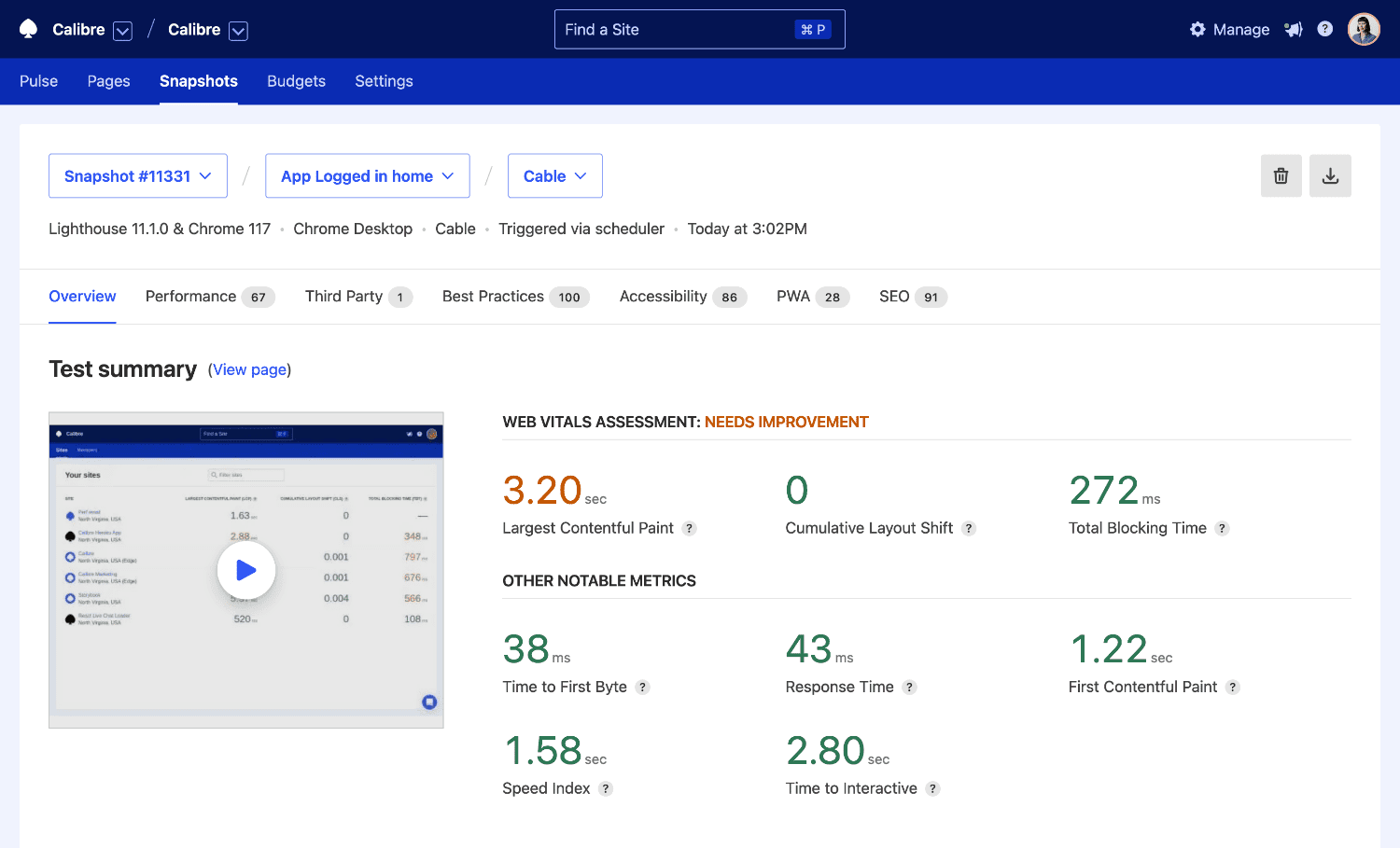 Web Vitals assessment stating 'needs improvement' because of the Largest Contentful Paint metric