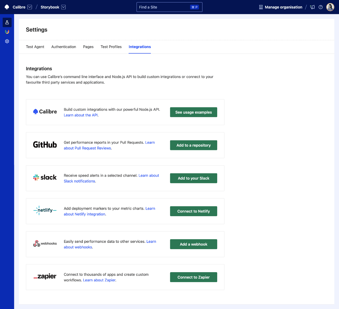 List of integrations available in Calibre for each Site