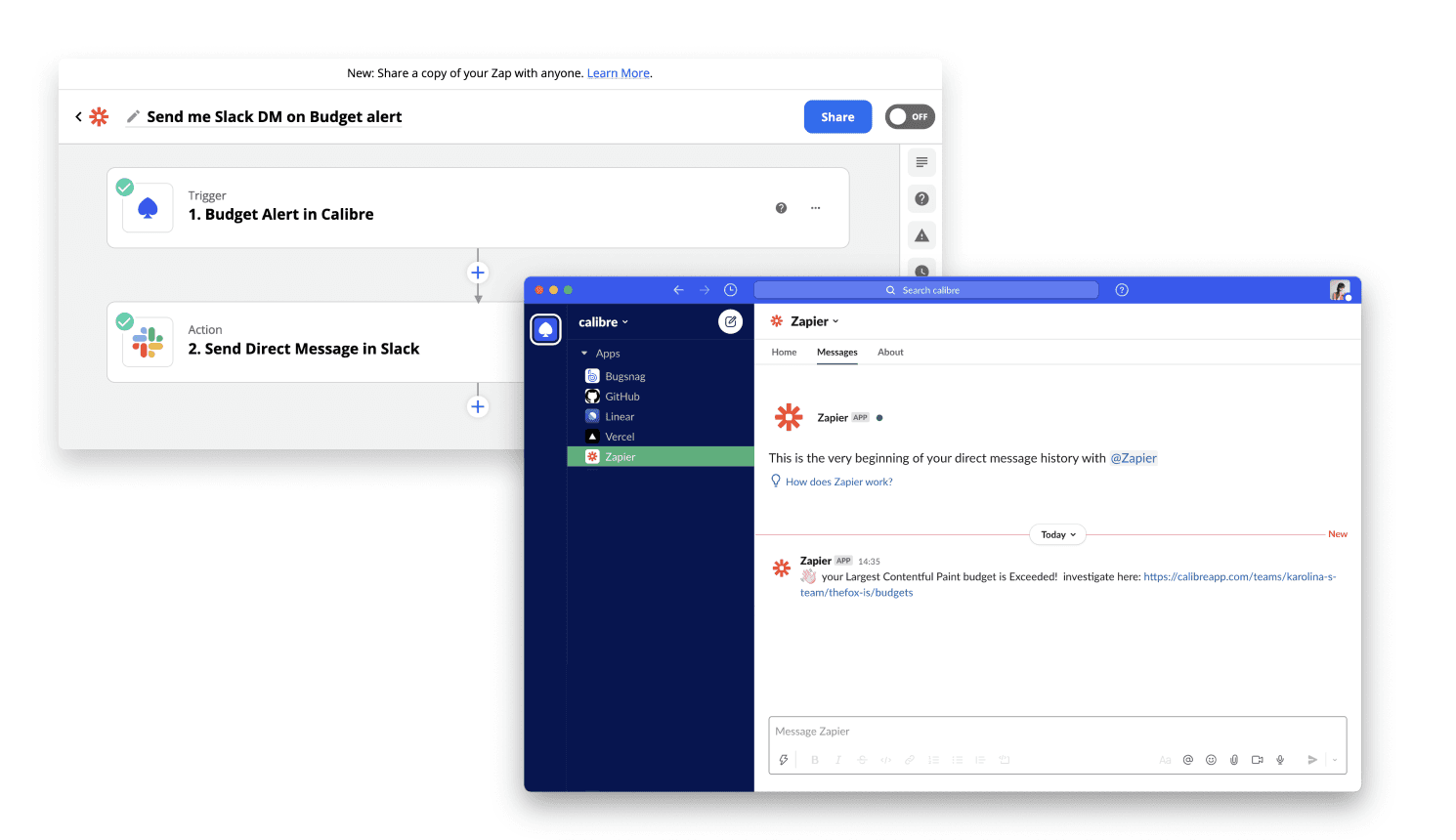 Example of a Zap that sends a custom Slack direct message when a Budget status changes
