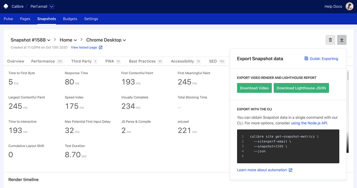 Export your monitoring data with direct downloads, Node.js API or the command line interface.