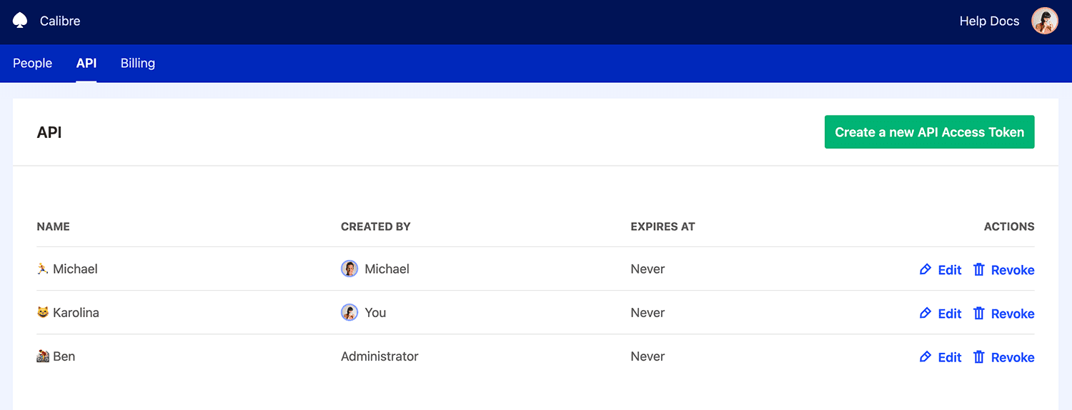 API tab showing several API Tokens with their types and creator.