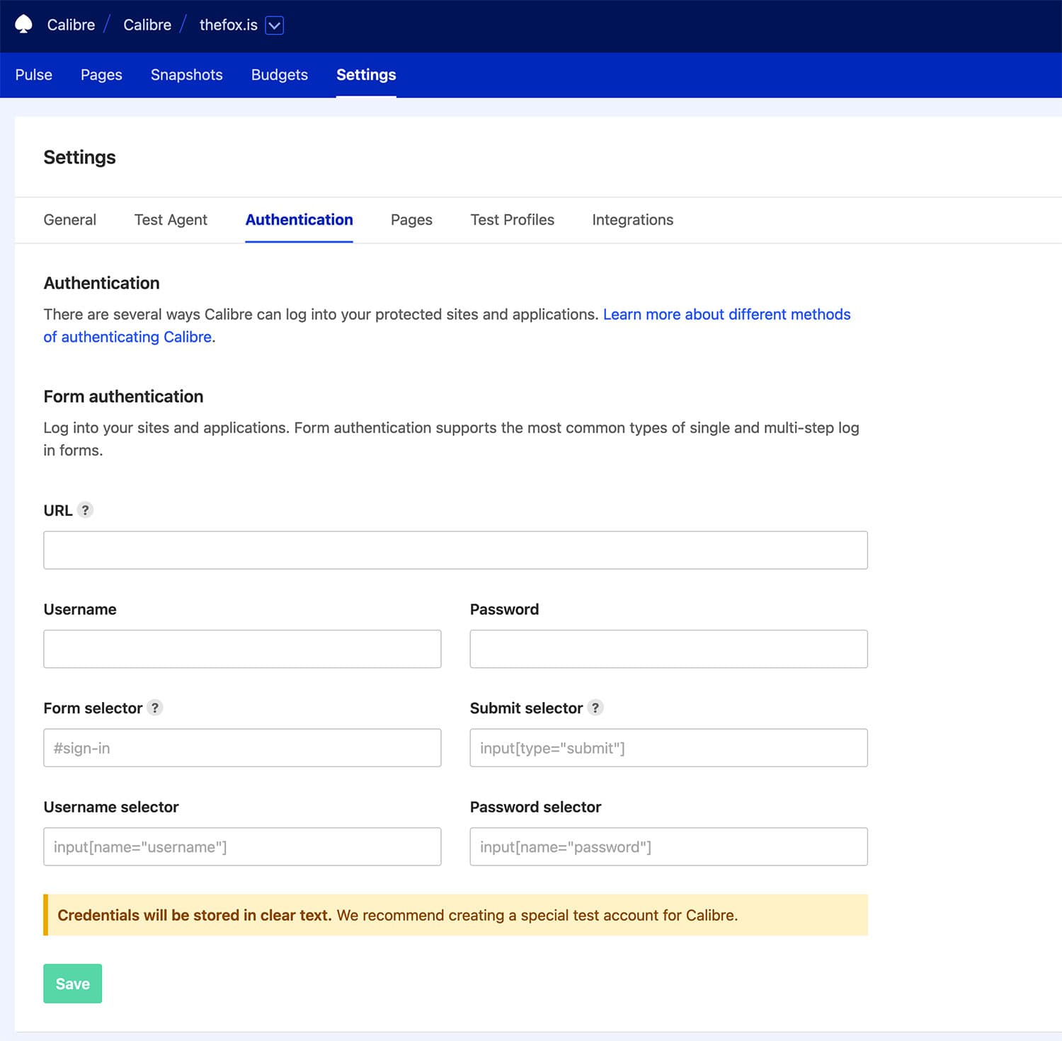 Form Authentication settings showing CSS selectors, username and password we provide to test protected Sites and apps.