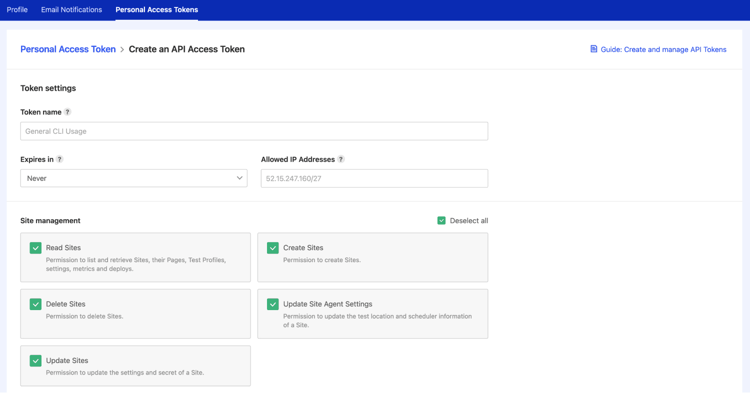 Creating a Personal Access Token in Profile Settings.