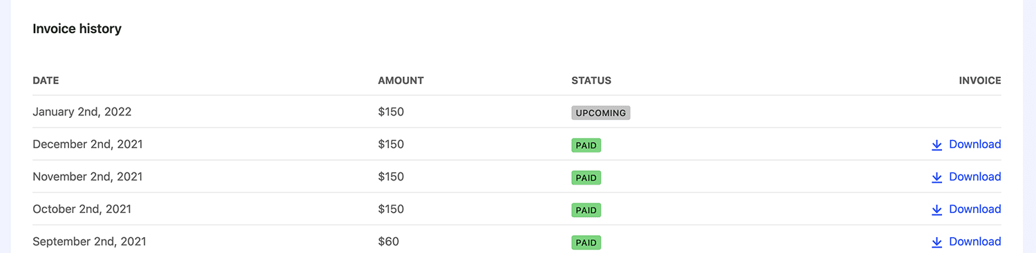 List of paid invoices and upcoming invoice payment for your Calibre subscription