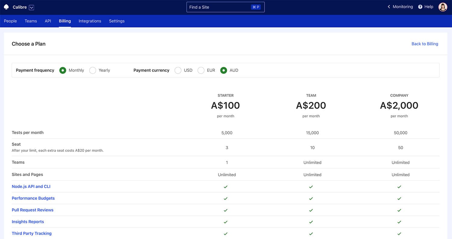 Available Calibre plans with multiple currency support: EUR, AUD and USD.