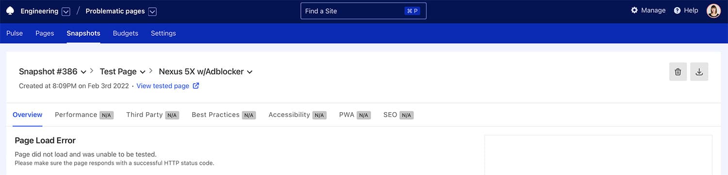 Snapshot page showing a test that didn’t complete successfully with a specific reason.