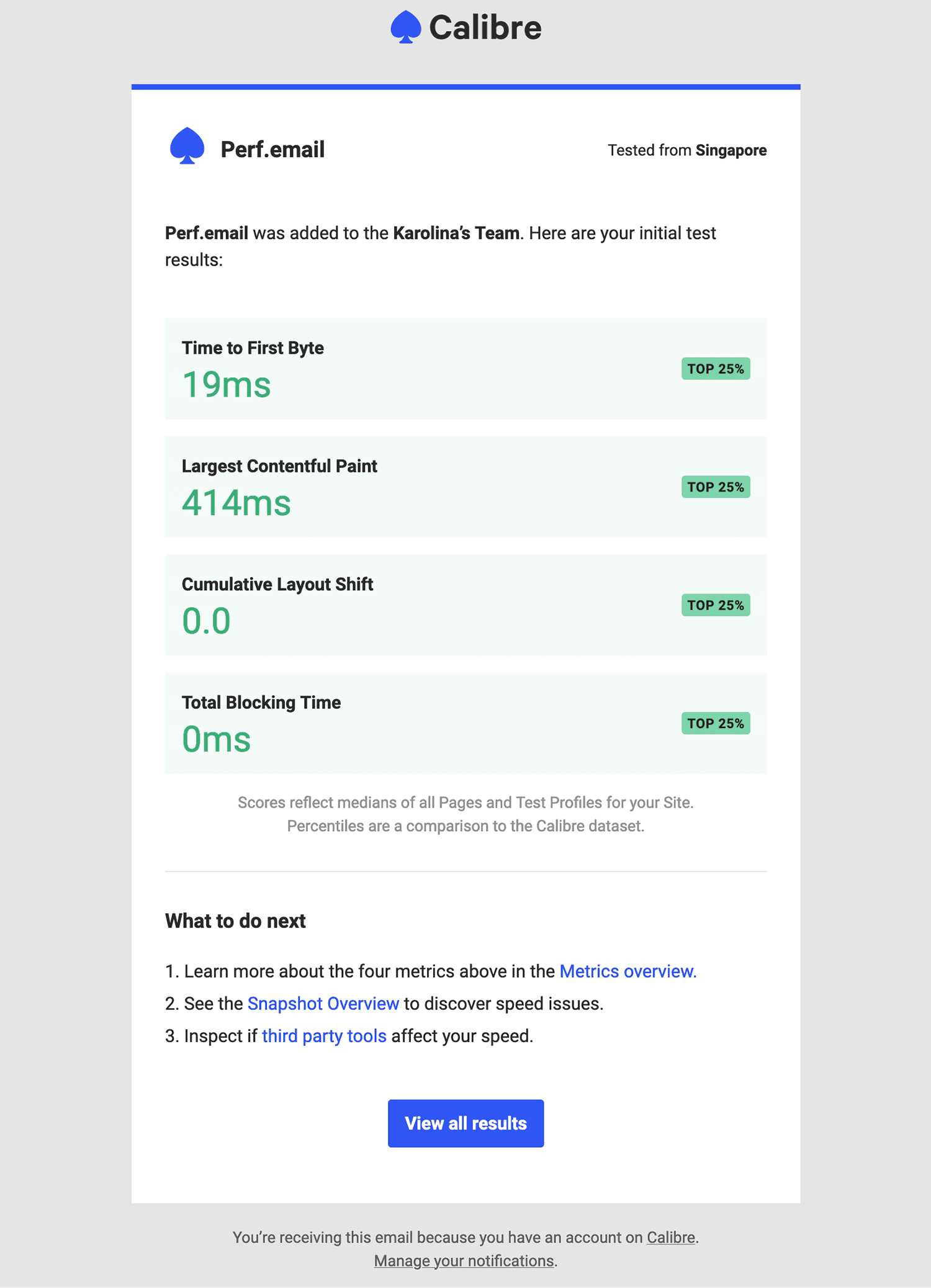 Initial Site results email showing benchmarks for four critical page speed metrics.