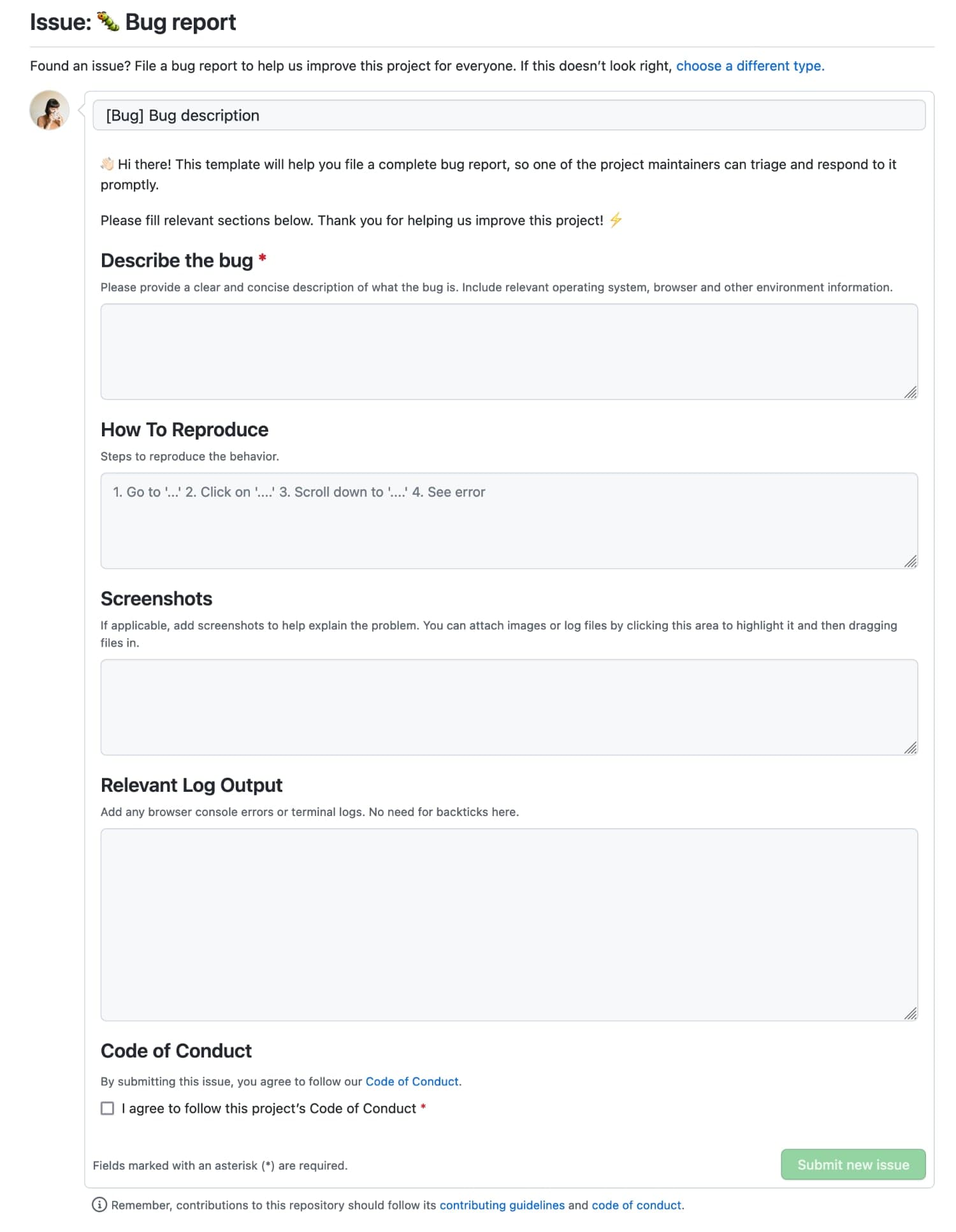 GitHub issue form for React Live Chat Loader library featuring fields for bug description, steps to reproduce, screenshots, log output and Code of Conduct checkbox.