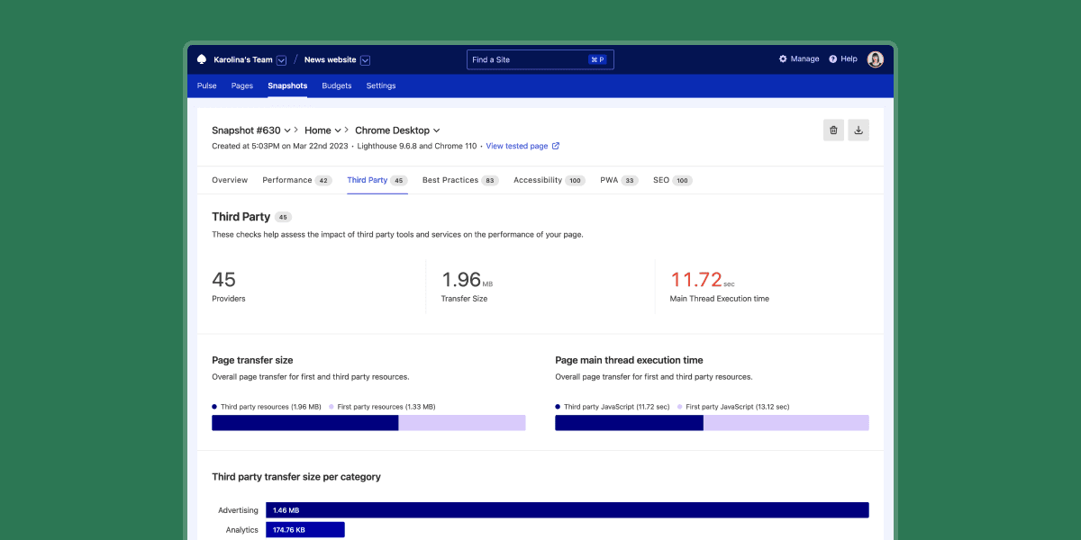 Third Party report showing number of third-party providers, transfer size and main thread execution time. It compares transfer size and execution time across third and first party resources. Also, it breaks down both based on categories of third parties, listing specific tools and services.