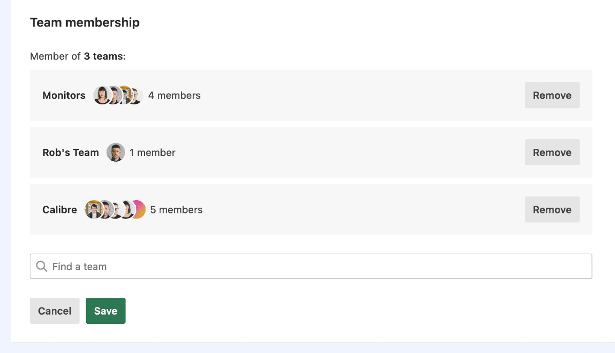 Team membership list showing a three teams with various number of members.
