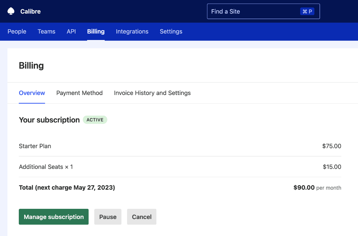 Billing Overview page showing a summary of your subscription with an option to pause it.