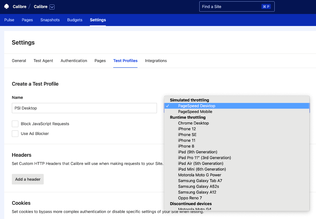 Screenshot of Site Settings in Calibre showing creating a new Test Profile named PSI Desktop with the PageSpeed Desktop simulated throttling.