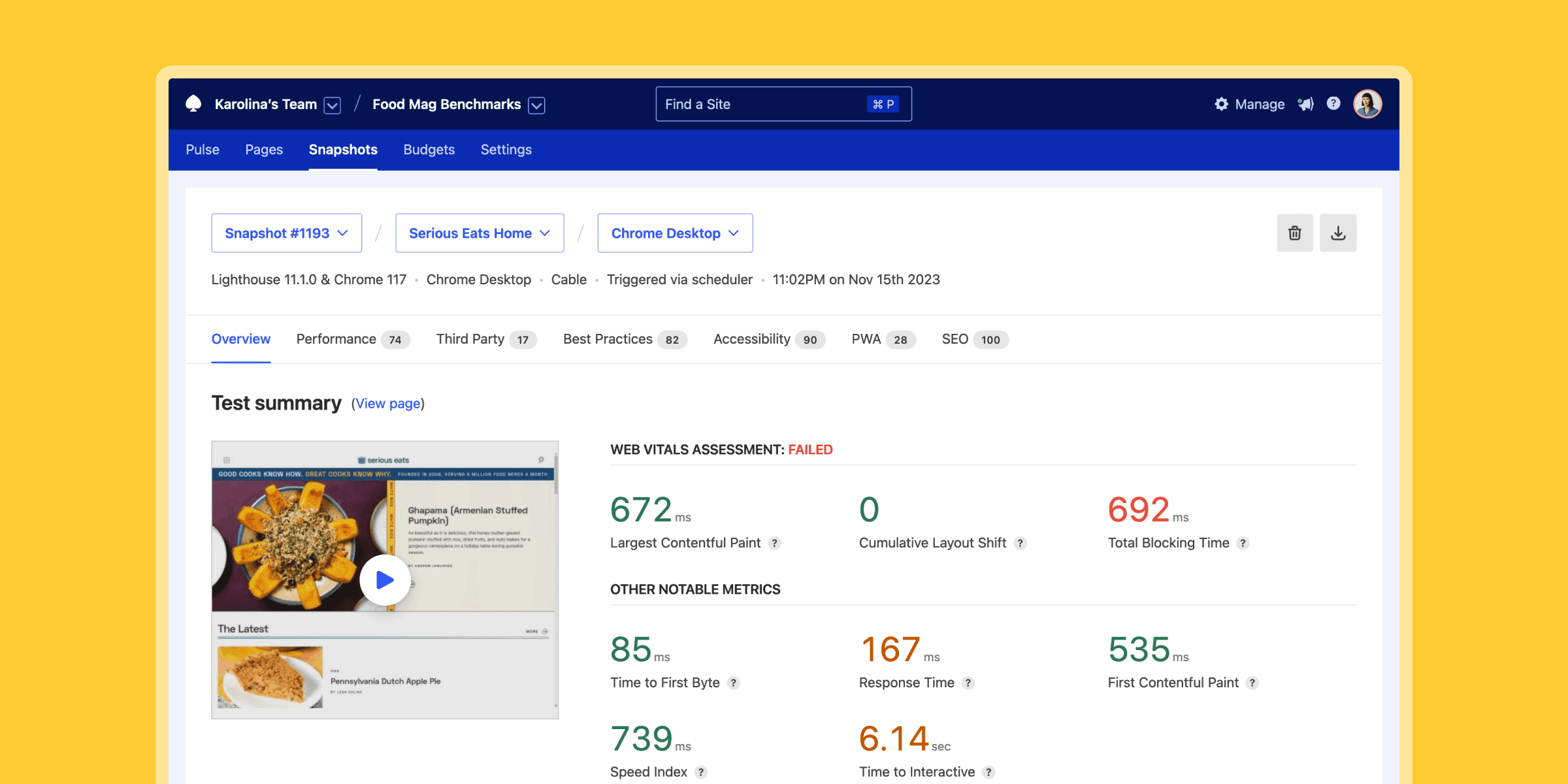 Calibre's Snapshot Overview for Serious Eats landing page showing Web Vitals assessment as failed