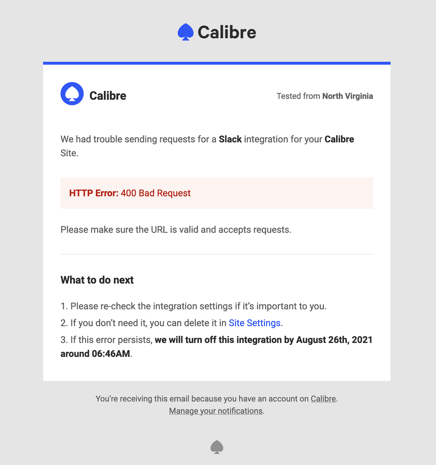 Email notification about a failing Slack integration with a specific error