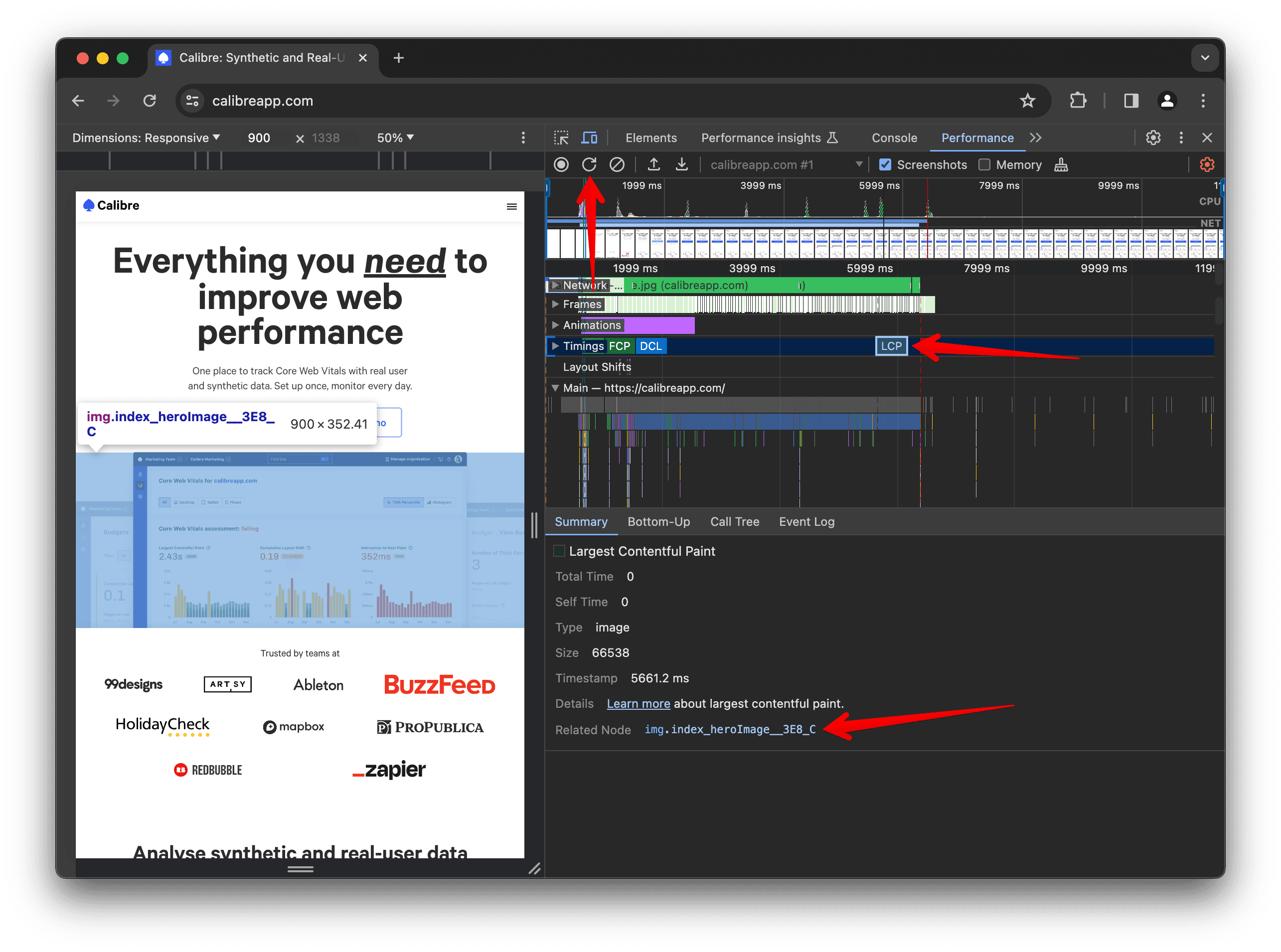 Chrome Devtools LCP element highlighted in the Performance panel.