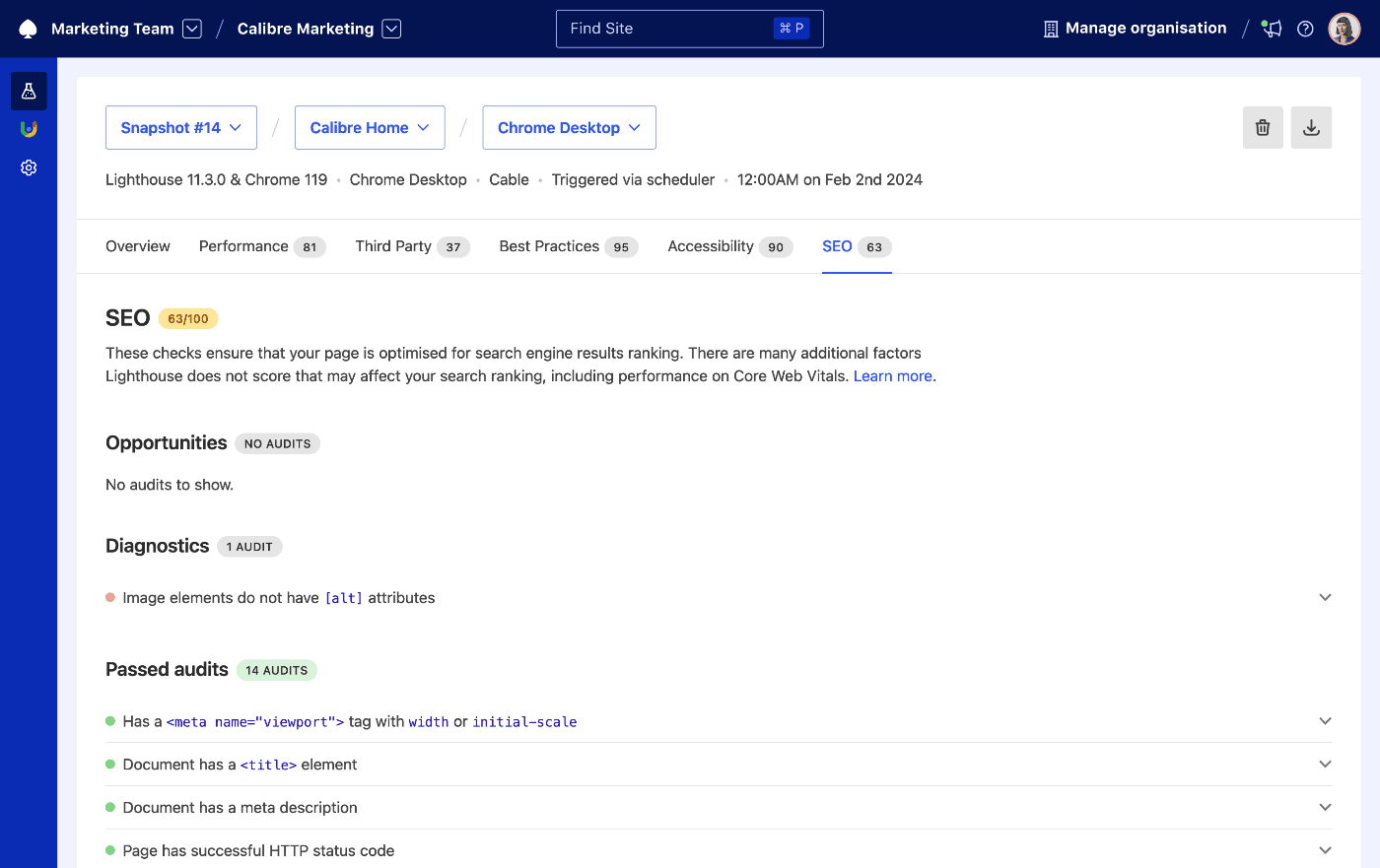 SEO audits tab for a Snapshot showing a grade of 25 out of 100 and listing audits in three categories: opportunities, diagnostics and passed audits.