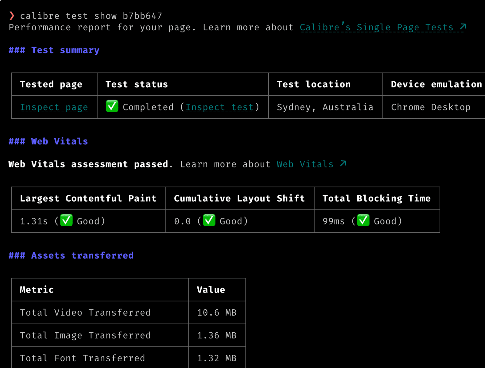 Calibre’s command line interface for single test results directly in your terminal