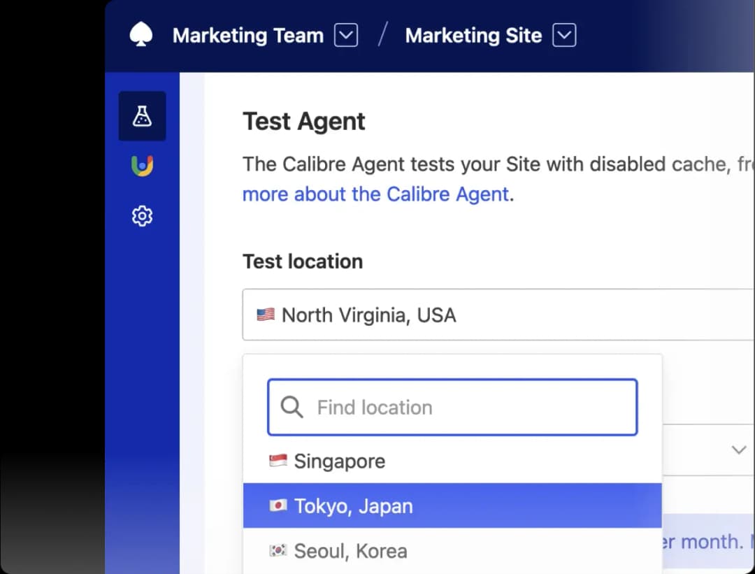 Test settings for a site with a select for test location with Japan chosen.