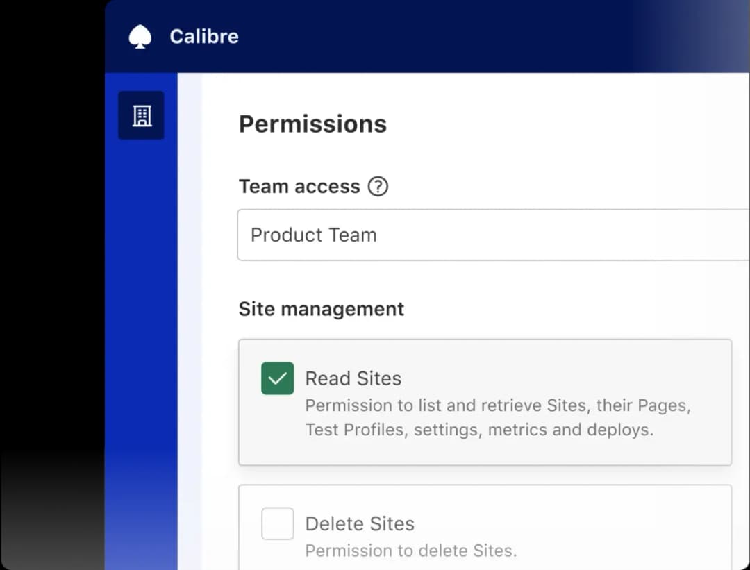 Calibre interface showing list of permissions set for a chosen team with the ability to read Site data only.
