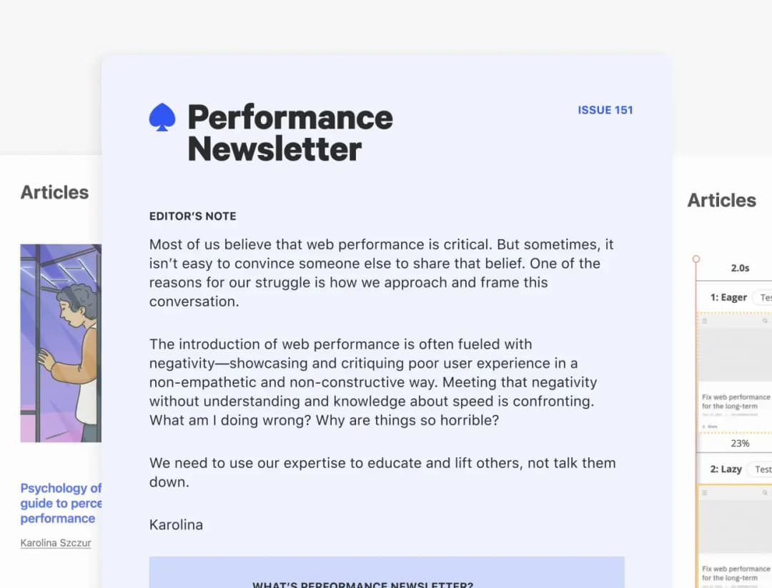Preview of the Performance Newsletter with an introduction from the editor at the front and article previews behind.