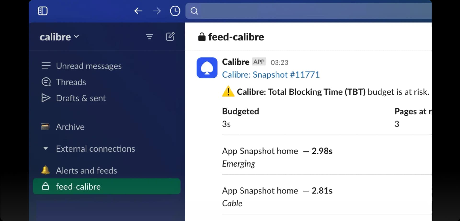 An alert about a Total Blocking Time budget sent by Calibre to Slack, outlining pages that are at risk of exceeding the budget.