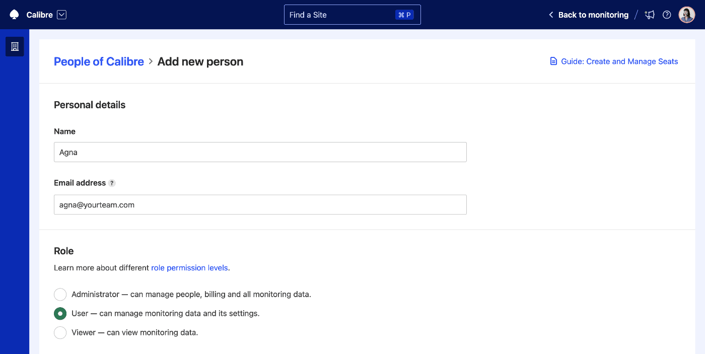 Adding a new person to your Calibre organisation and choosing their permission level