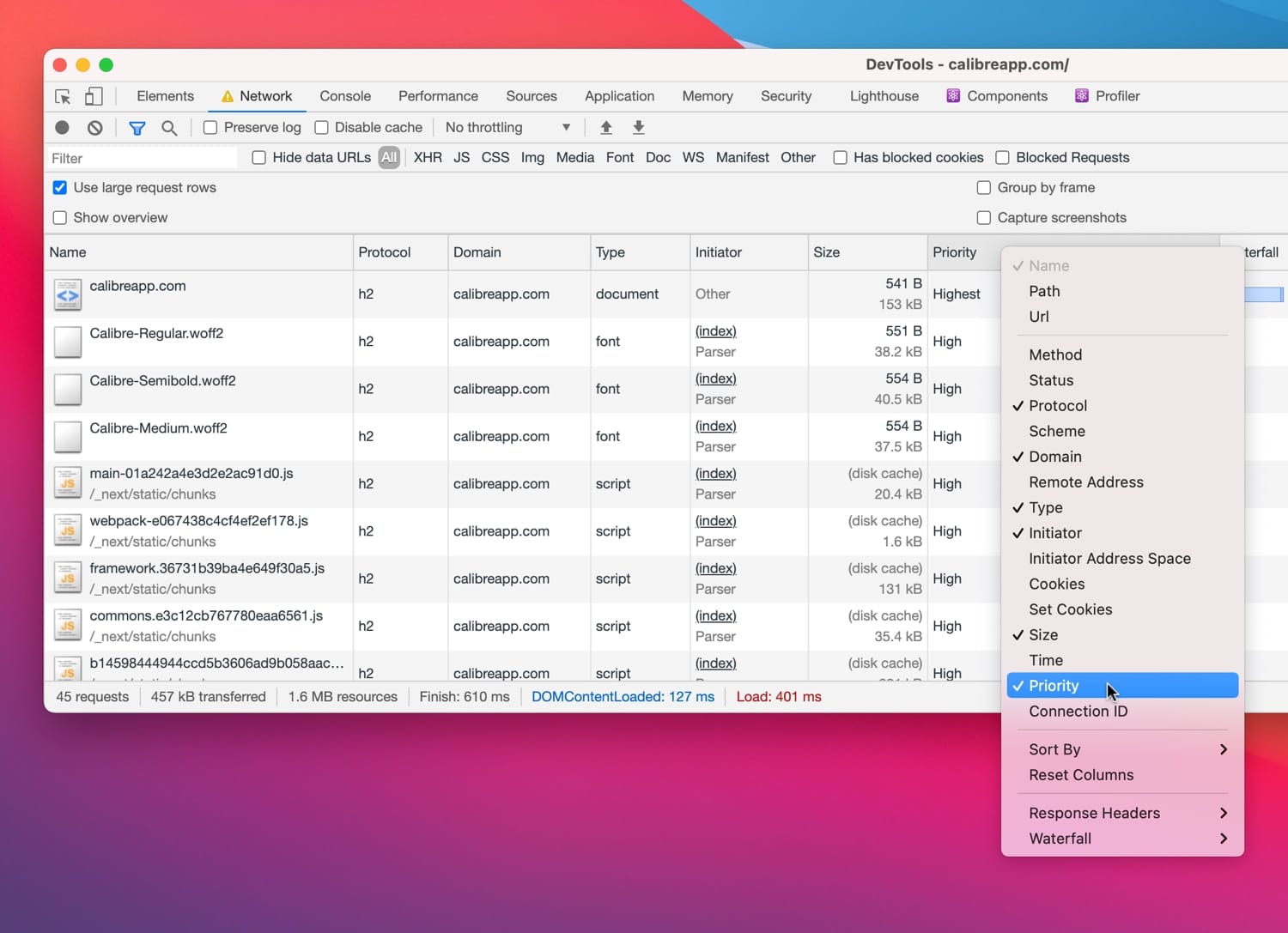 How to enable the “Priority” column to inspect request priority in Chrome Developer Tools