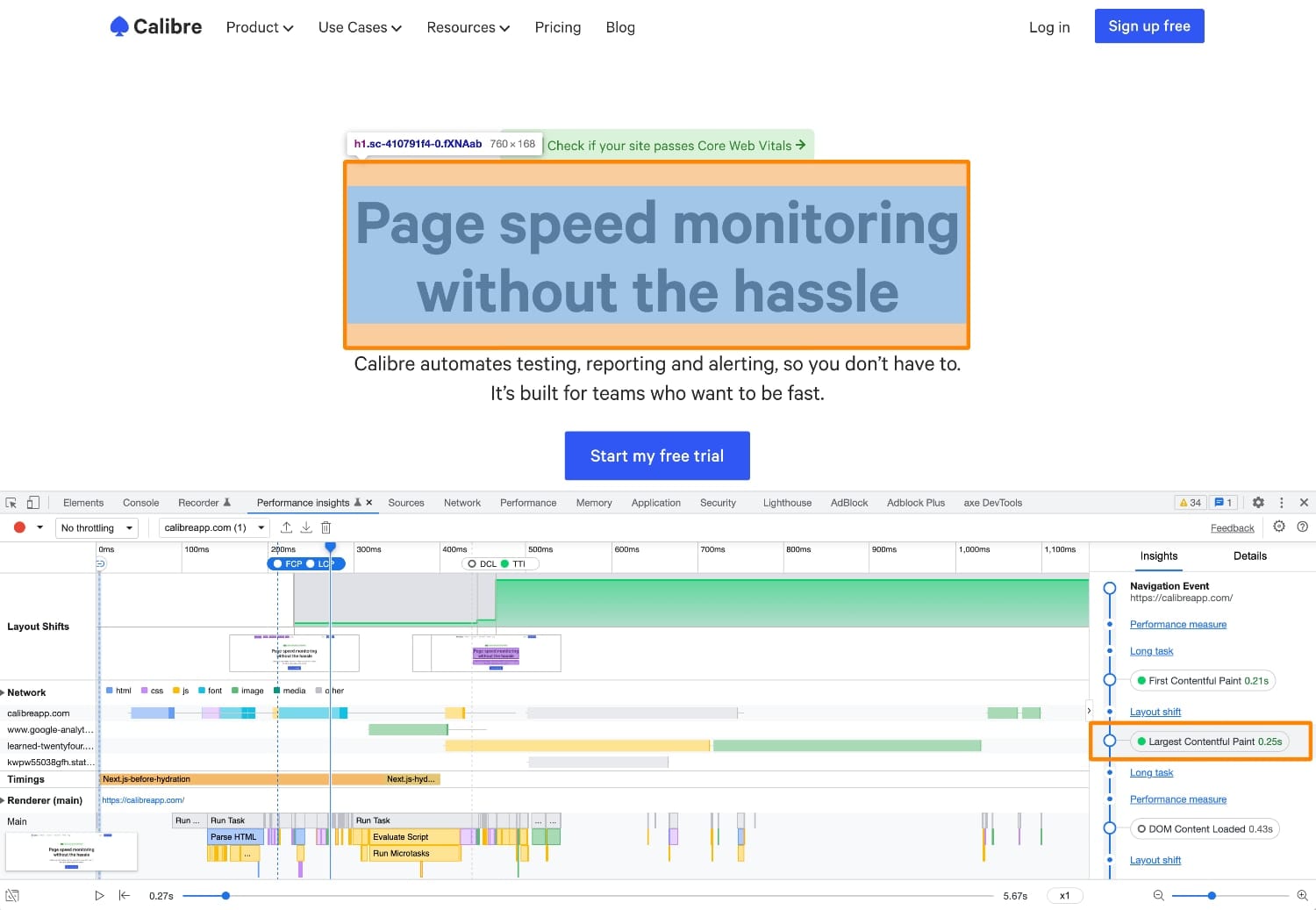 Calibre's website in Google Chrome with highlighted top heading as the Largest Contentful Paint element.