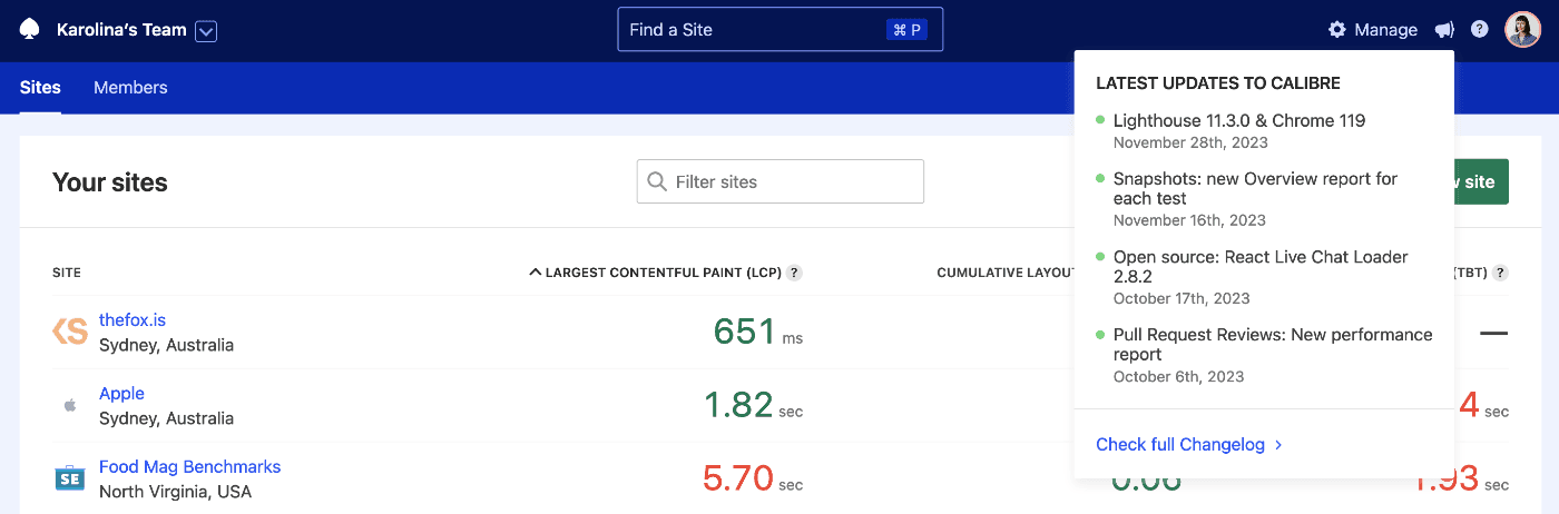 Calibre's main navigation with a megaphone icon which shows a dropdown listing latest posts to our Changelog