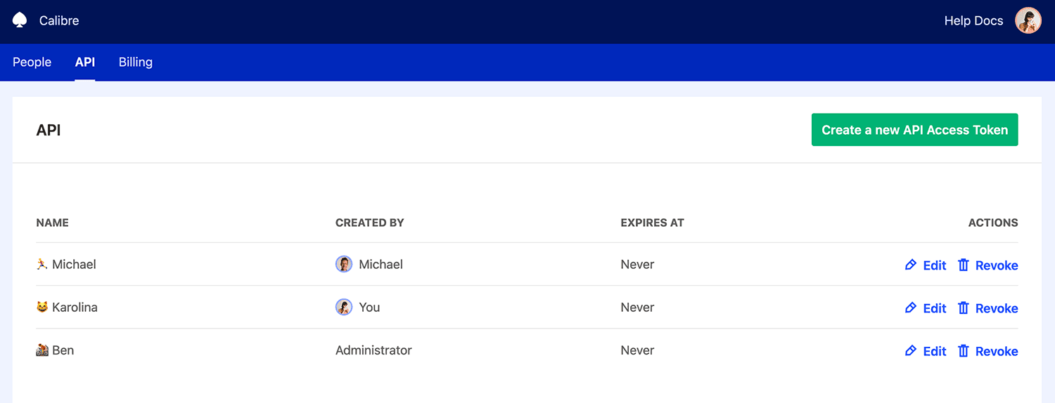 API tab showing several API Tokens with their expiration date and who created them.