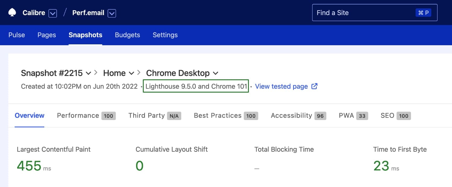 Meta information for a Snapshot test including newly added Lighthouse and Chrome versions.