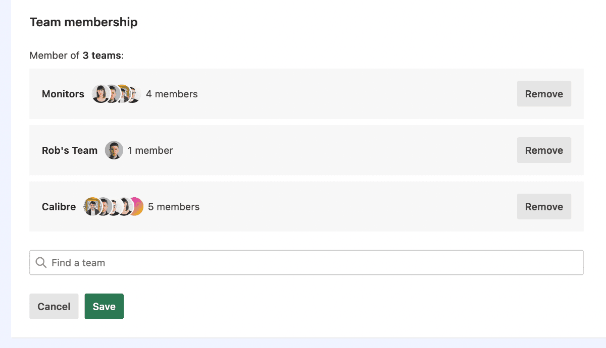 Team membership list showing a three teams with various number of members.
